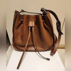 Vince Camuto Saddle Brown 100% Leather Drawstring Bucket Shoulder Bag Ret. $168